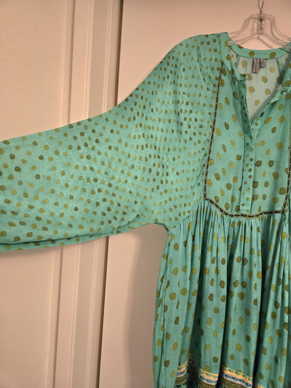 Anthropologie Bl^nk London Green With Gold Polka Dot Boho Dress - Picture 4 of 11